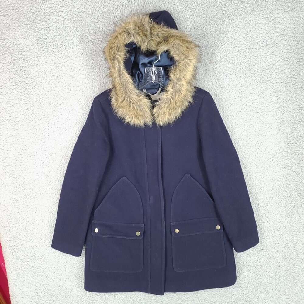 J Crew Jacket Womens 6 Blue Parka Full Zip 50% Wool Winter Heavy Hooded